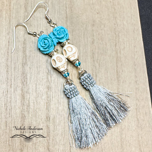 Skull Turquoise Flower Earrings