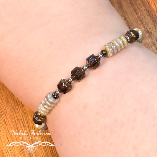 Smokey Gray Cathedral Bracelet | Czech Glass & Bronze Accents