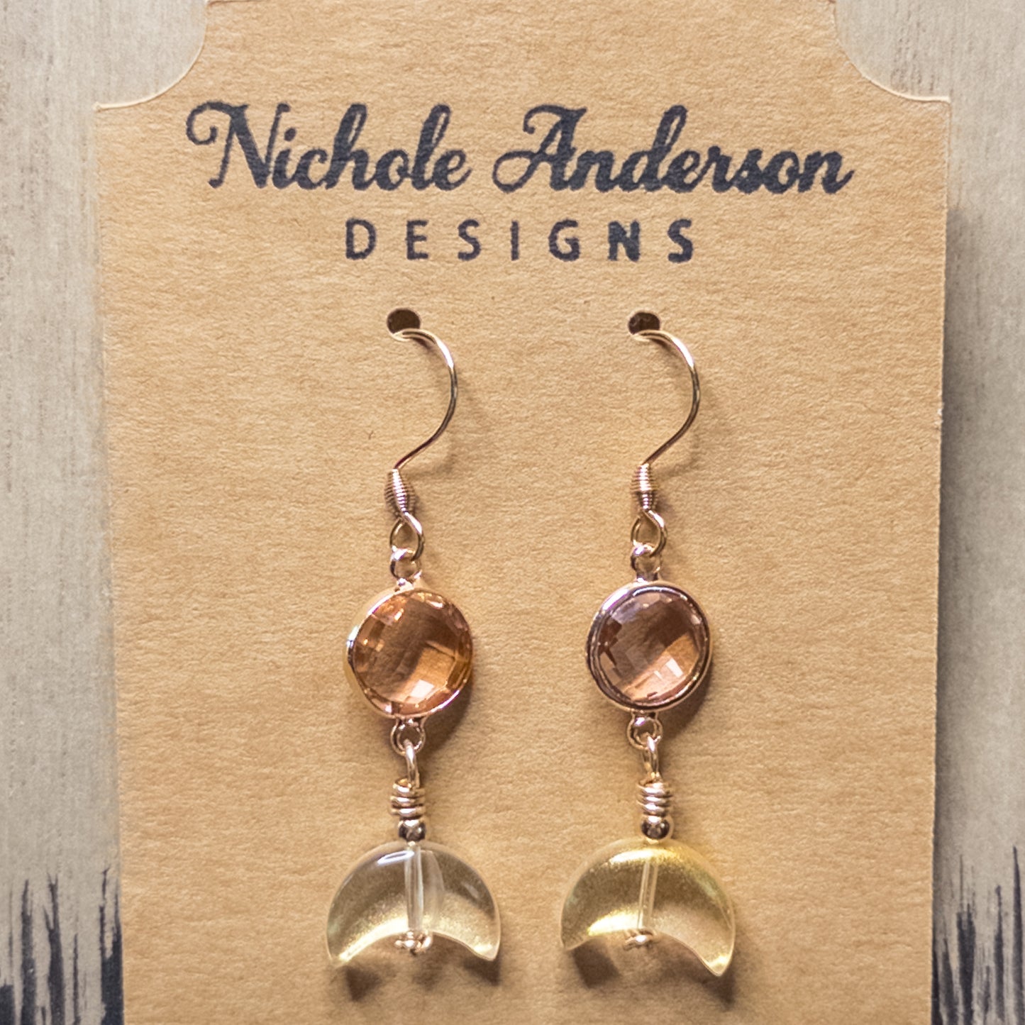 Sunset Crescent Moon Earrings | Peach Glass & Gold Wire-Wrapped