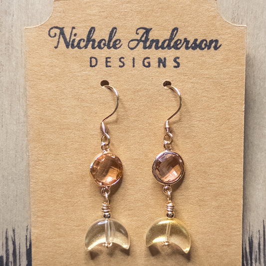 Sunset Crescent Moon Earrings | Peach Glass & Gold Wire-Wrapped