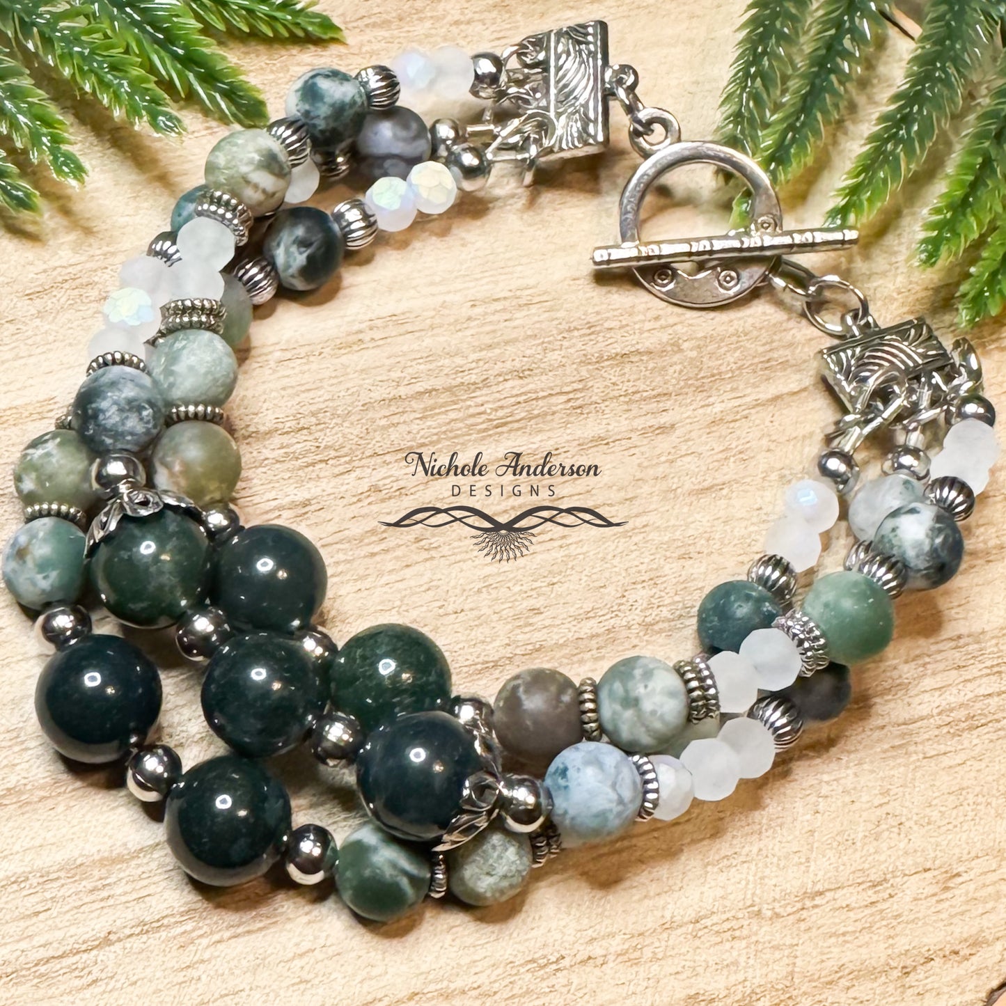 Tree Agate 3 Strand Bracelet, 7 3/4 inches