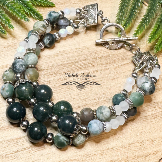 Tree Agate 3 Strand Bracelet, 7 3/4 inches