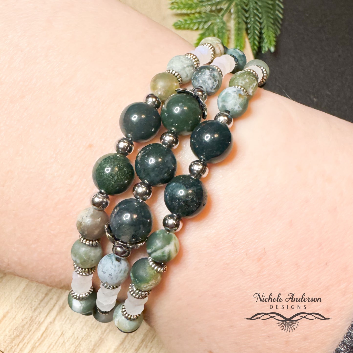 Tree Agate 3 Strand Bracelet, 7 3/4 inches