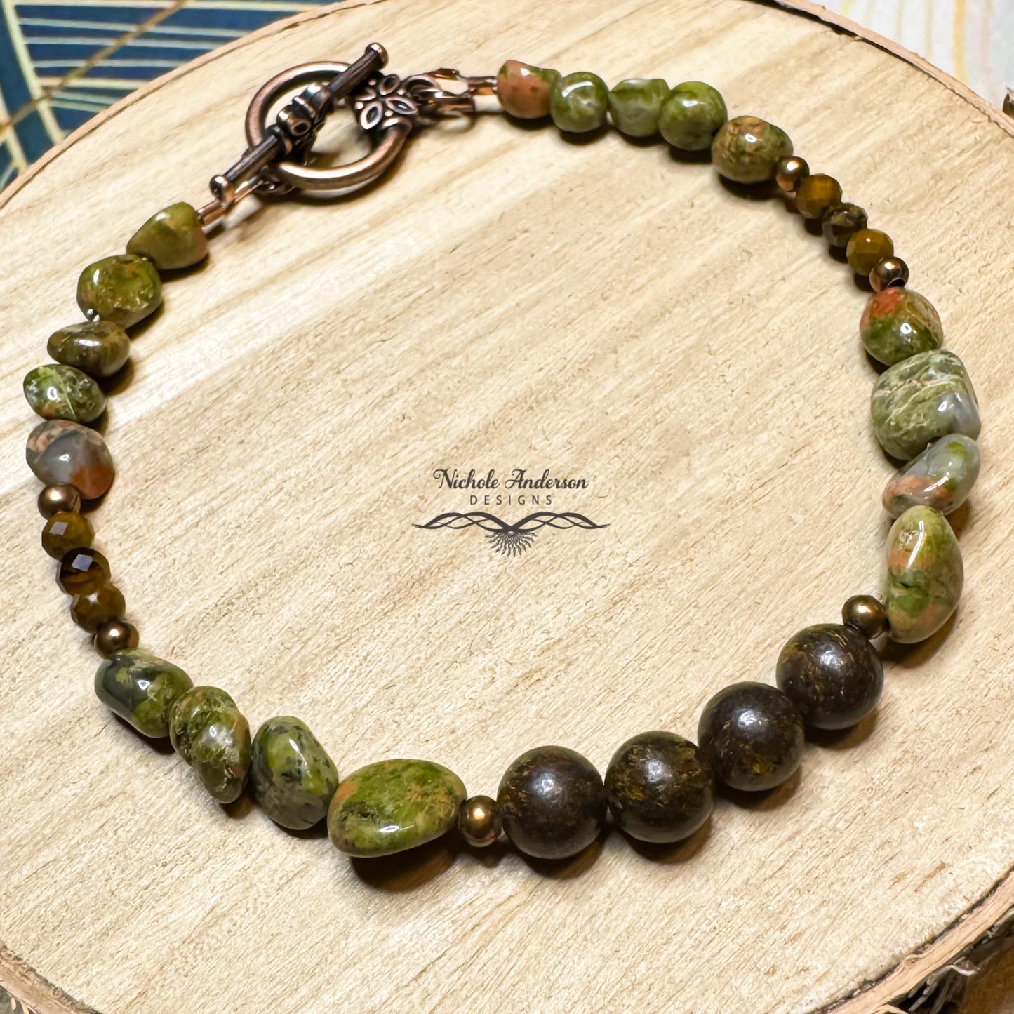 Unakite Bronzite Bracelet, 7 3/4 inches length