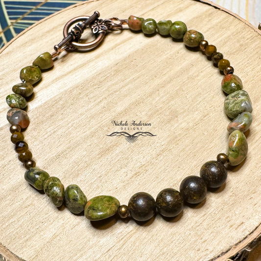 Unakite Bronzite Bracelet, 7 3/4 inches length
