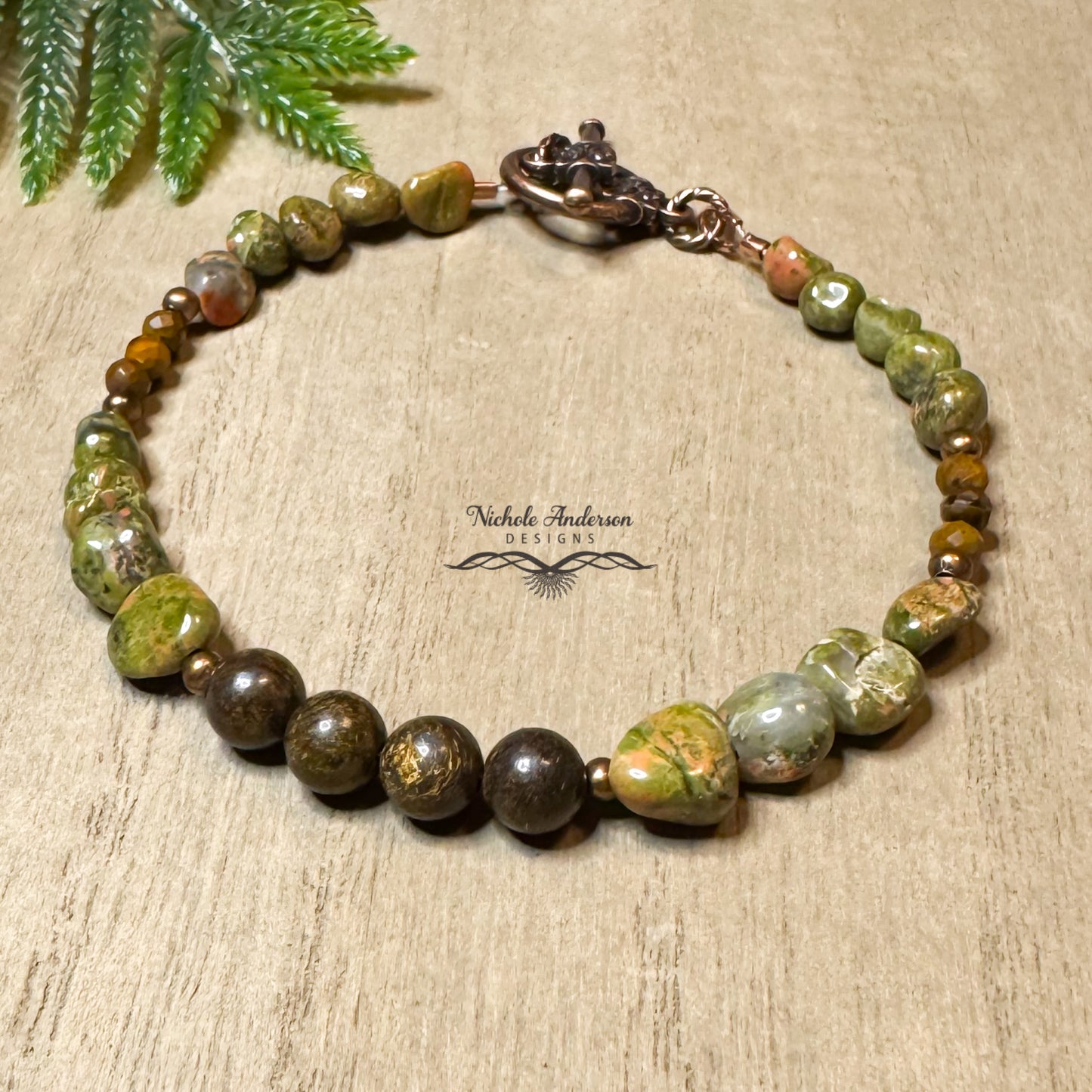 Unakite Bronzite Bracelet, 7 3/4 inches length