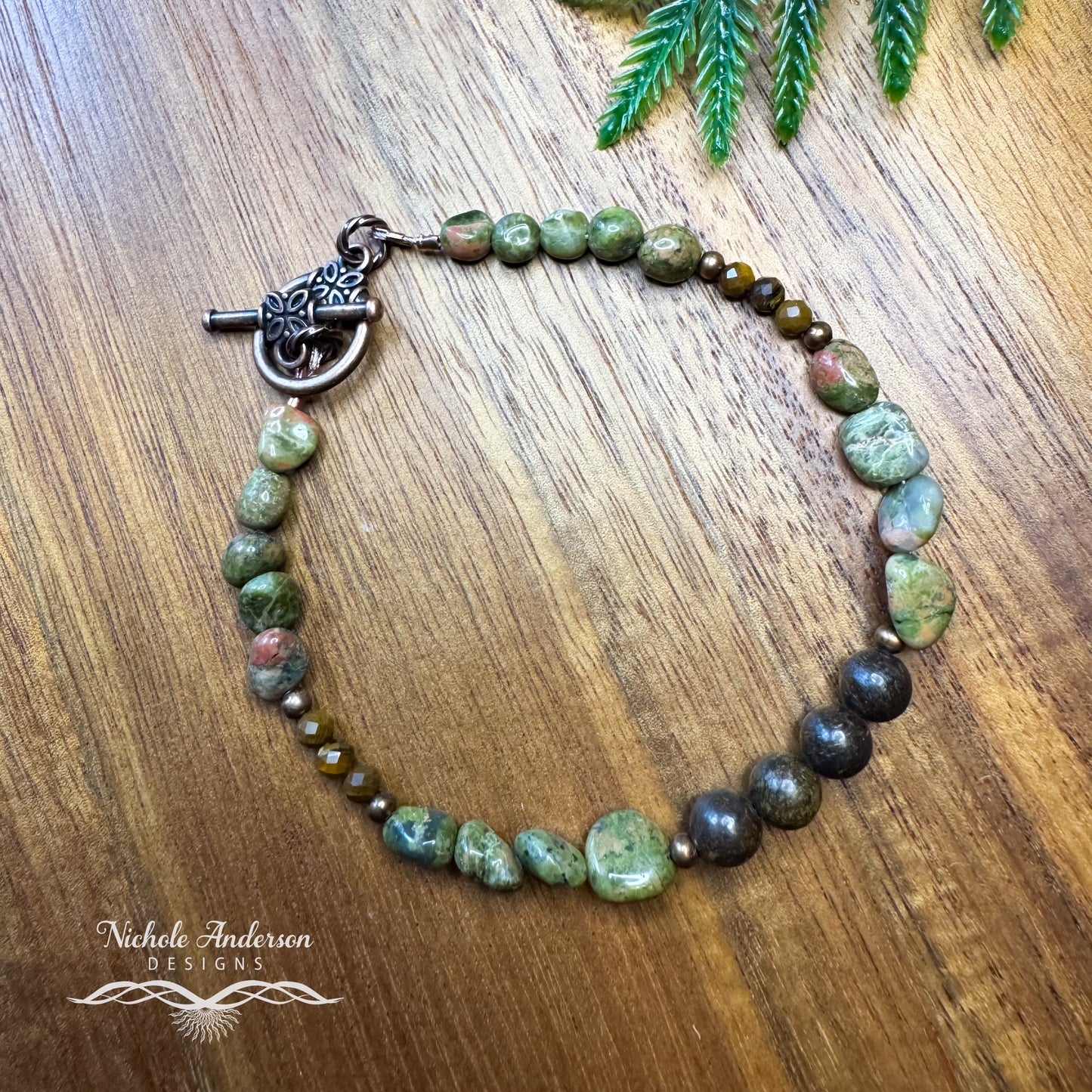 Unakite Bronzite Bracelet, 7 3/4 inches length