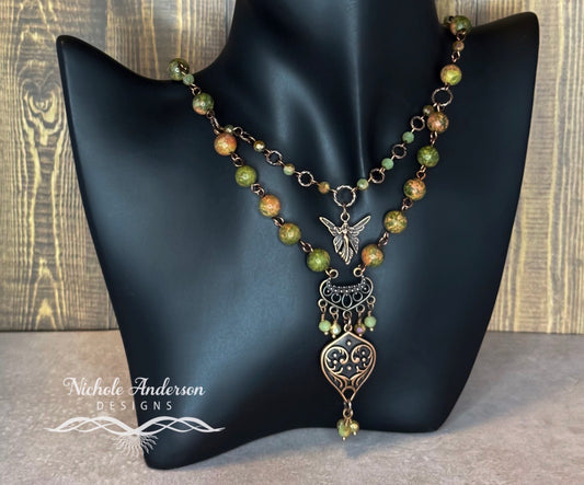 Unakite Two-Tier Pendant Necklace, 20 inches length, Pendant 2.5 inches long