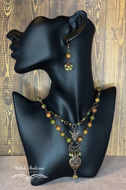 Unakite Two-Tier Pendant Necklace, 20 inches length, Pendant 2.5 inches long
