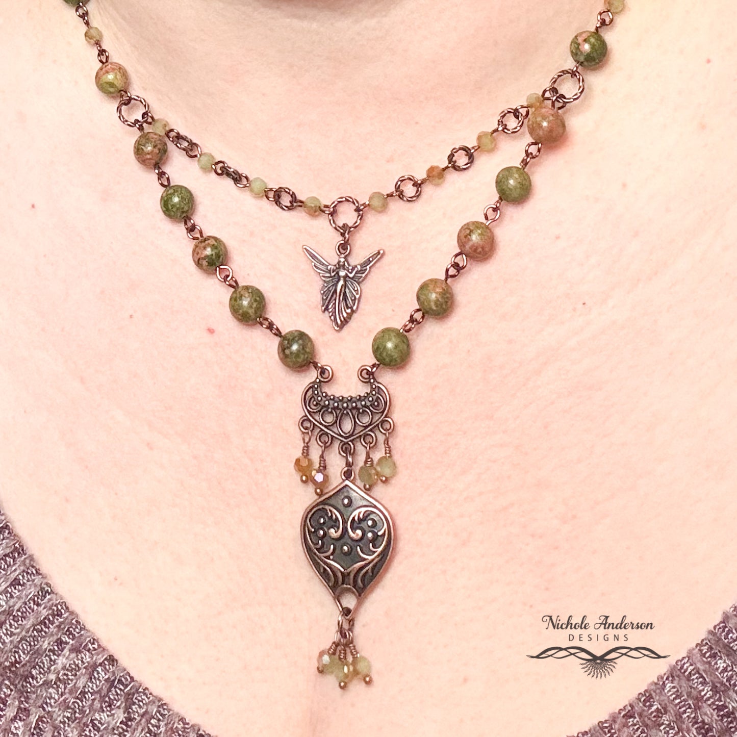 Unakite Two-Tier Pendant Necklace, 20 inches length, Pendant 2.5 inches long