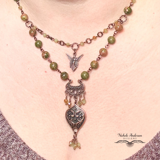 Unakite Two-Tier Pendant Necklace, 20 inches length, Pendant 2.5 inches long
